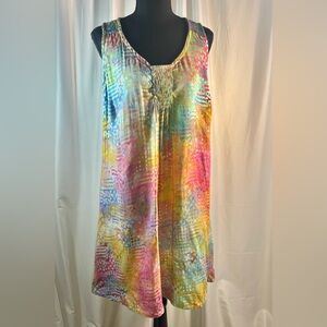 Vintage Multicolor Tie-Dye Smocked Midi Dress Boho Style Medium